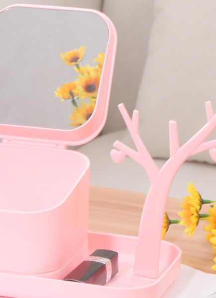 Органайзер для мелочей / косметики 2 в 1 со складным зеркалом и подставкой-деревцем для украшений